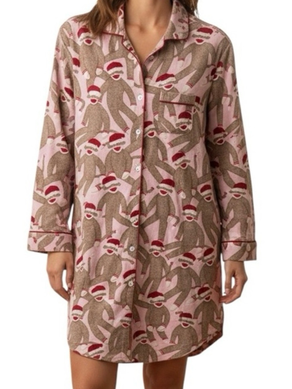 Nick & Nora Sock Monkey Christmas Santa Hat Flannel Short Night Gown Women's M